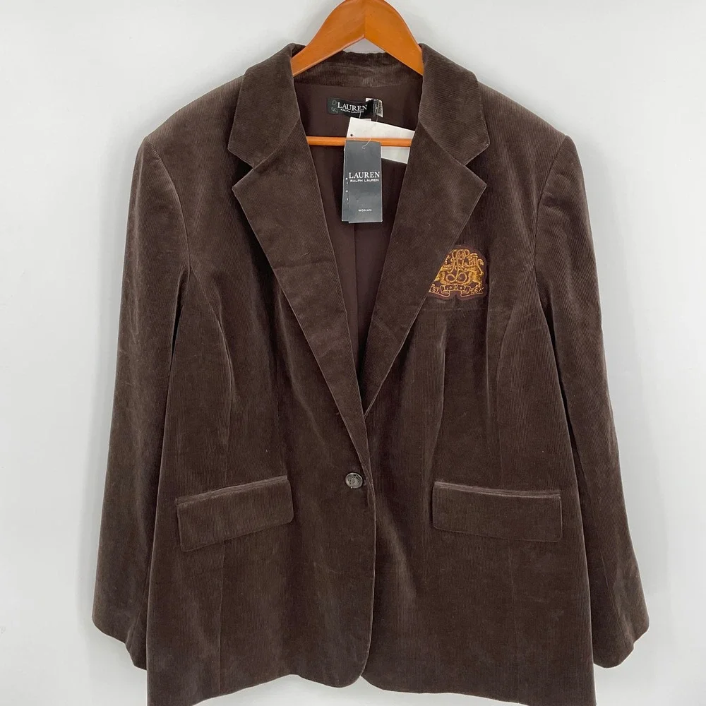 Lauren Ralph Lauren Women Brown Corduroy Blazer Jacket Crest Button Size 22W - Picture 12 of 12